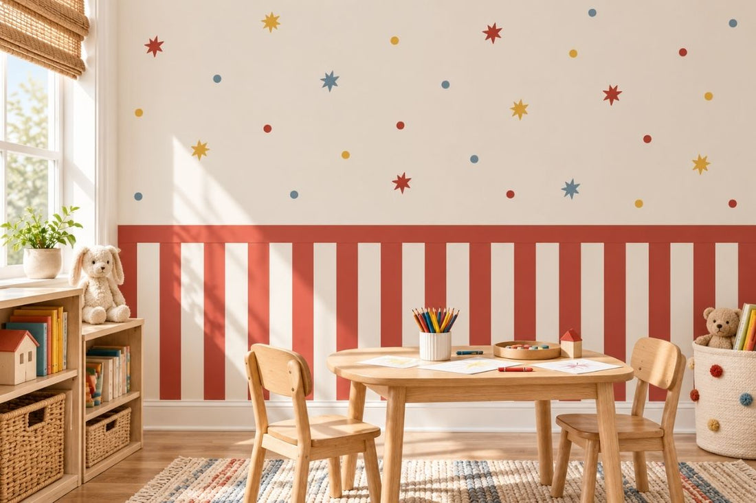 Colorful star and dot wall decals decorating a cozy kids' playroom with wooden furniture, showing long-lasting nursery wall decor.