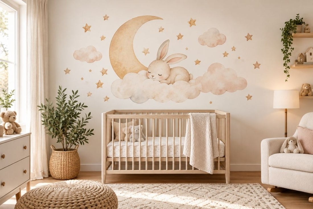 Nursery wall decal size guide featuring watercolor bunny and moon wall art in a neutral baby room