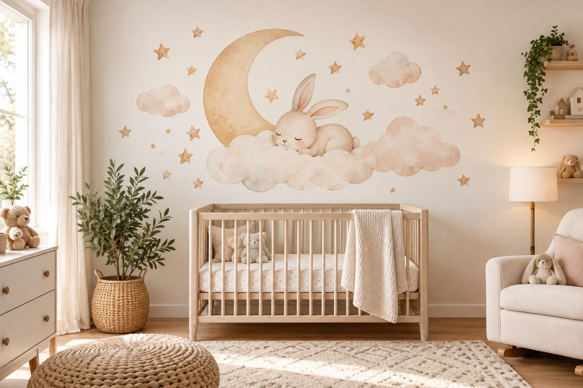 Nursery wall decal size guide featuring watercolor bunny and moon wall art in a neutral baby room
