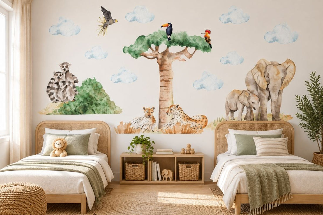 Watercolor safari animal wall decals featuring elephants, lemurs and a tree in a neutral children's bedroom