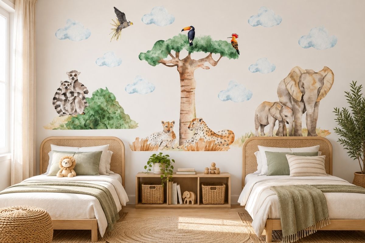 Watercolor safari animal wall decals featuring elephants, lemurs and a tree in a neutral children's bedroom