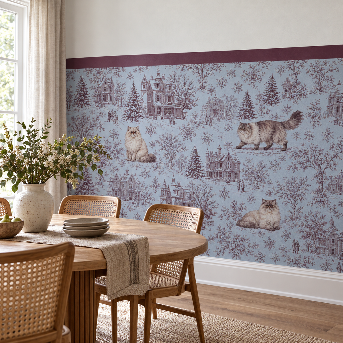 Custom Pet Toile Peel and Stick Burgundy Half Wall Wallpaper
