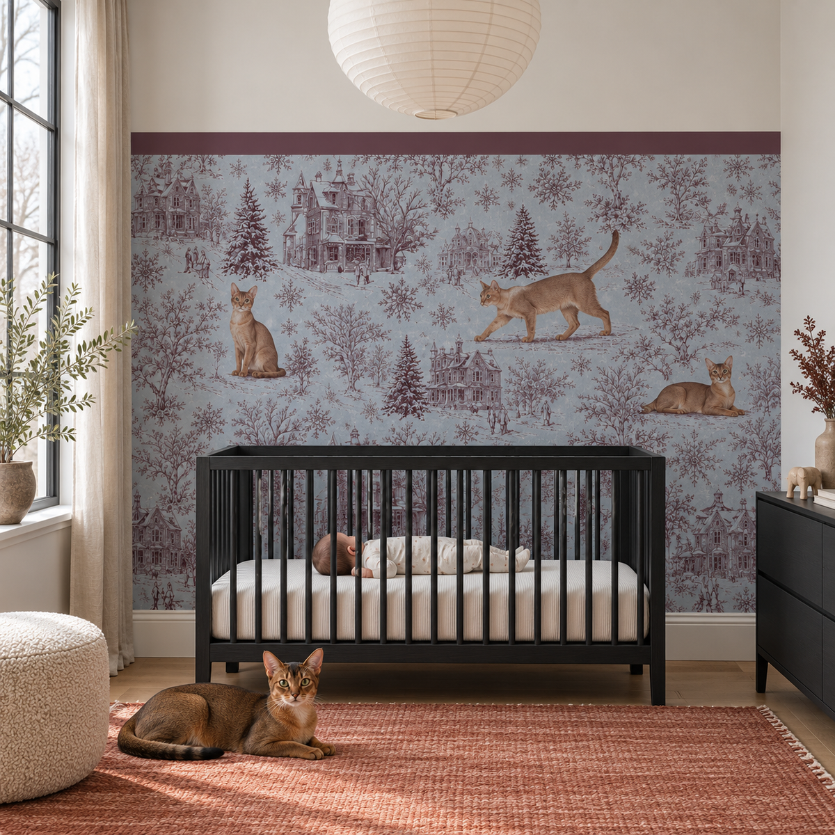 Custom Pet Toile Peel and Stick Burgundy Half Wall Wallpaper