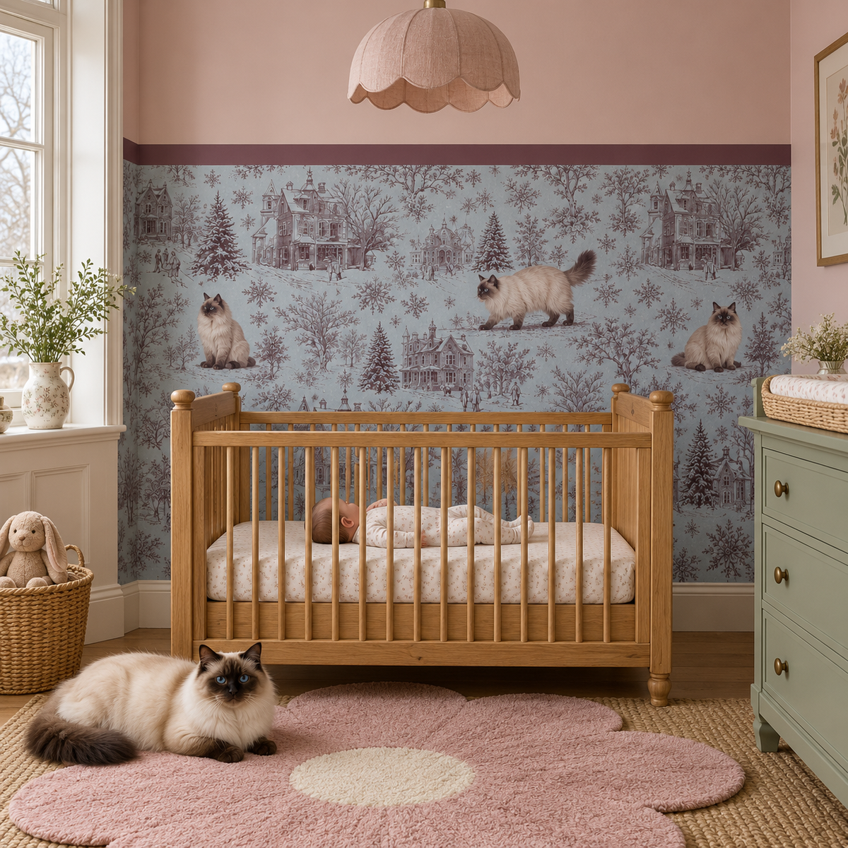 Custom Pet Toile Peel and Stick Burgundy Half Wall Wallpaper