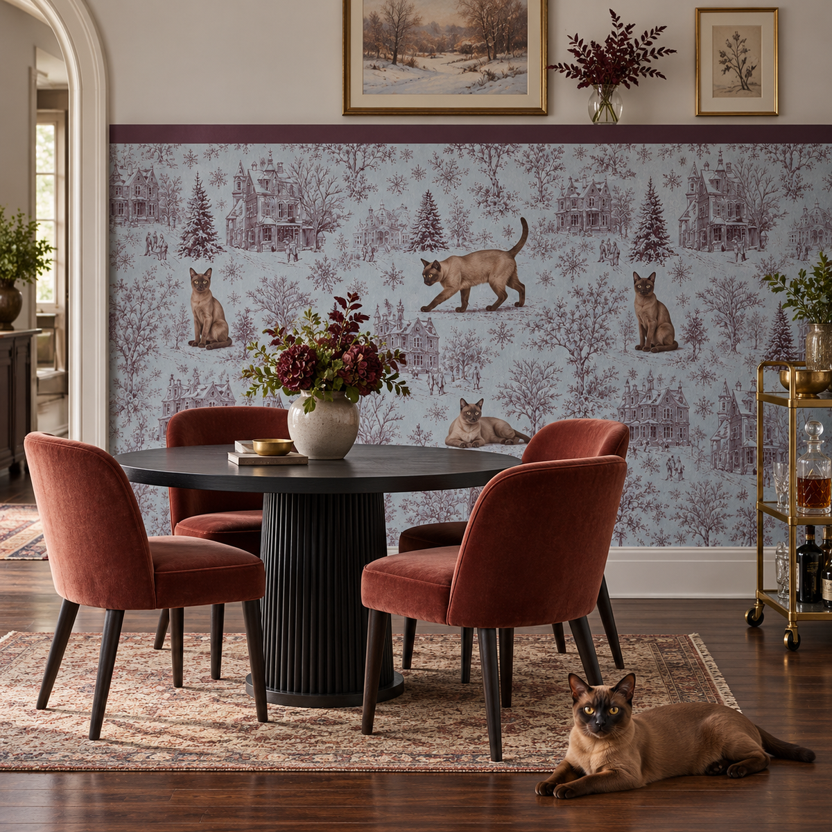 Custom Pet Toile Peel and Stick Burgundy Half Wall Wallpaper