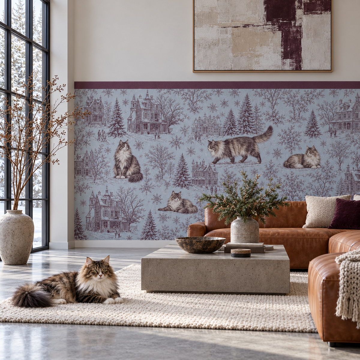 Custom Pet Toile Peel and Stick Burgundy Half Wall Wallpaper