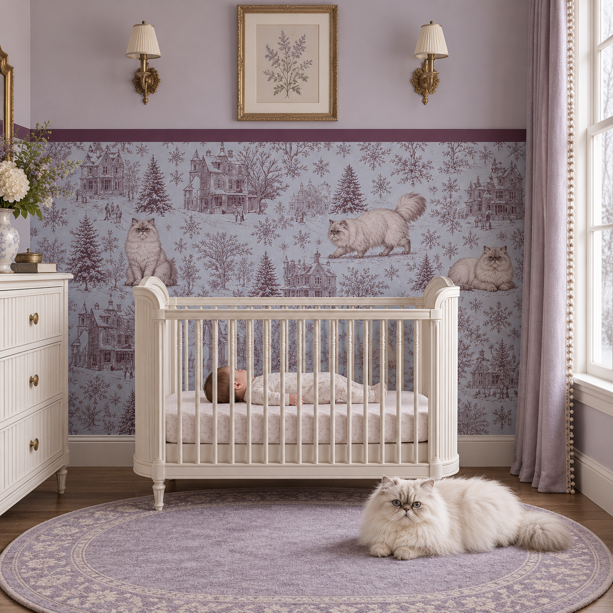 Custom Pet Toile Peel and Stick Burgundy Half Wall Wallpaper