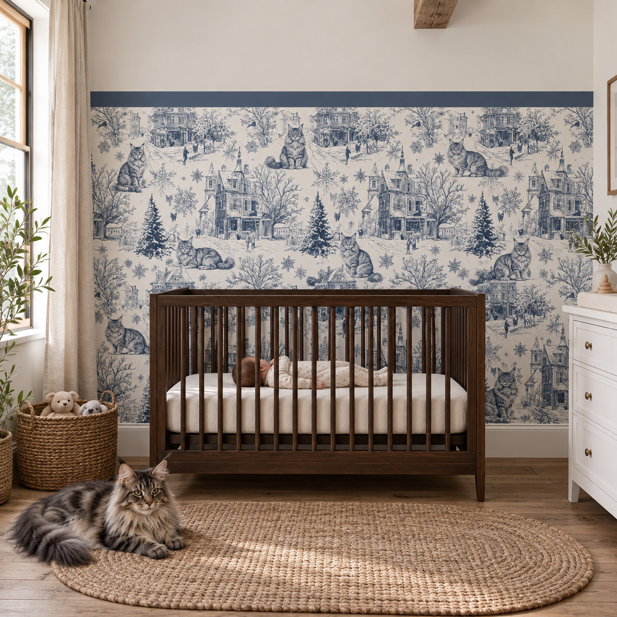 Custom Pet Toile Peel and Stick Navy Blue Half Wall Wallpaper