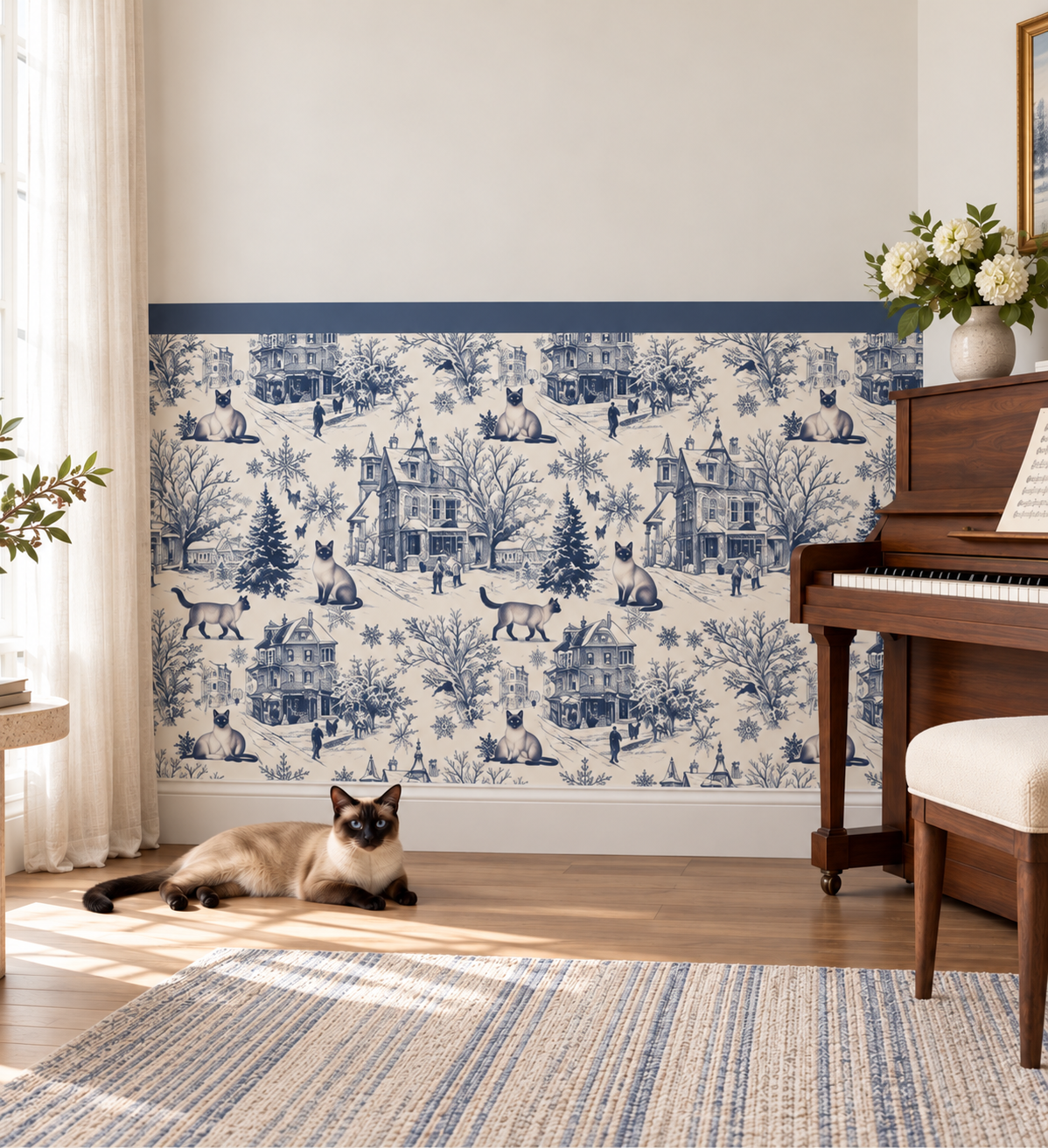 Custom Pet Toile Peel and Stick Navy Blue Half Wall Wallpaper