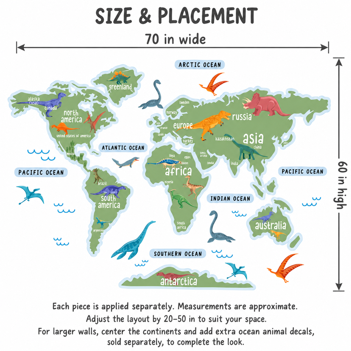 Dinosaur World Map Fabric Wall Decal - Green