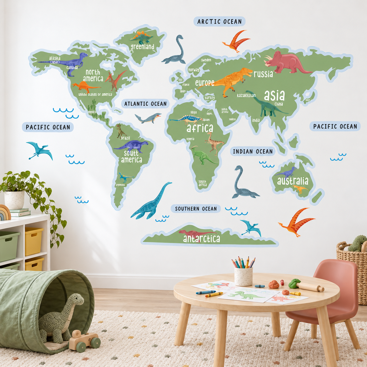 Dinosaur World Map Fabric Wall Decal - Green