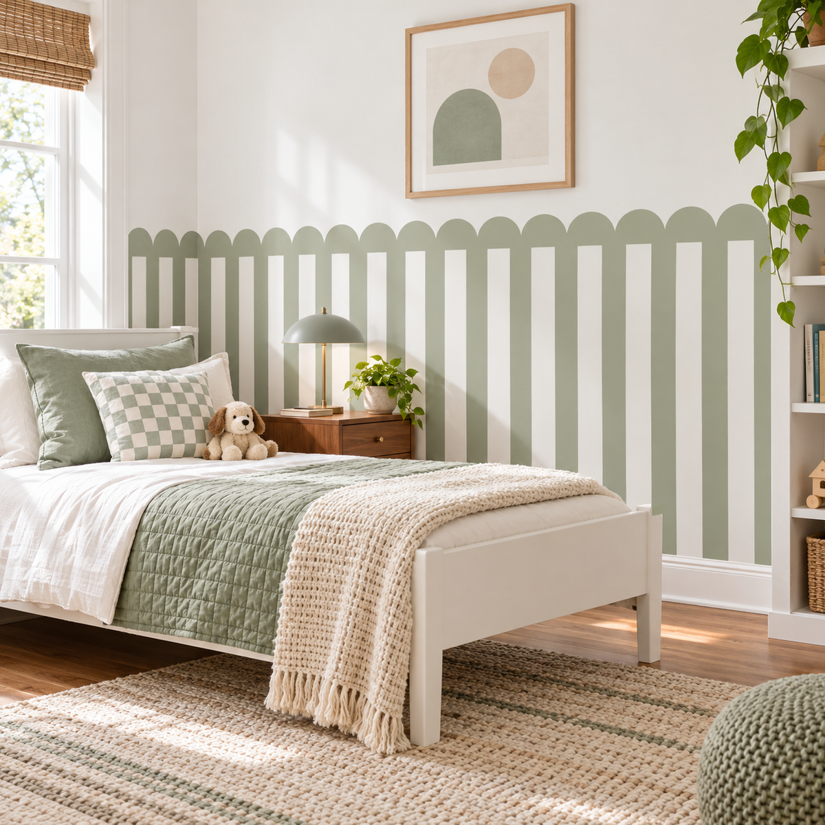 Stripe Peel and Stick Sage Green Scallop Half Wall Wallpaper