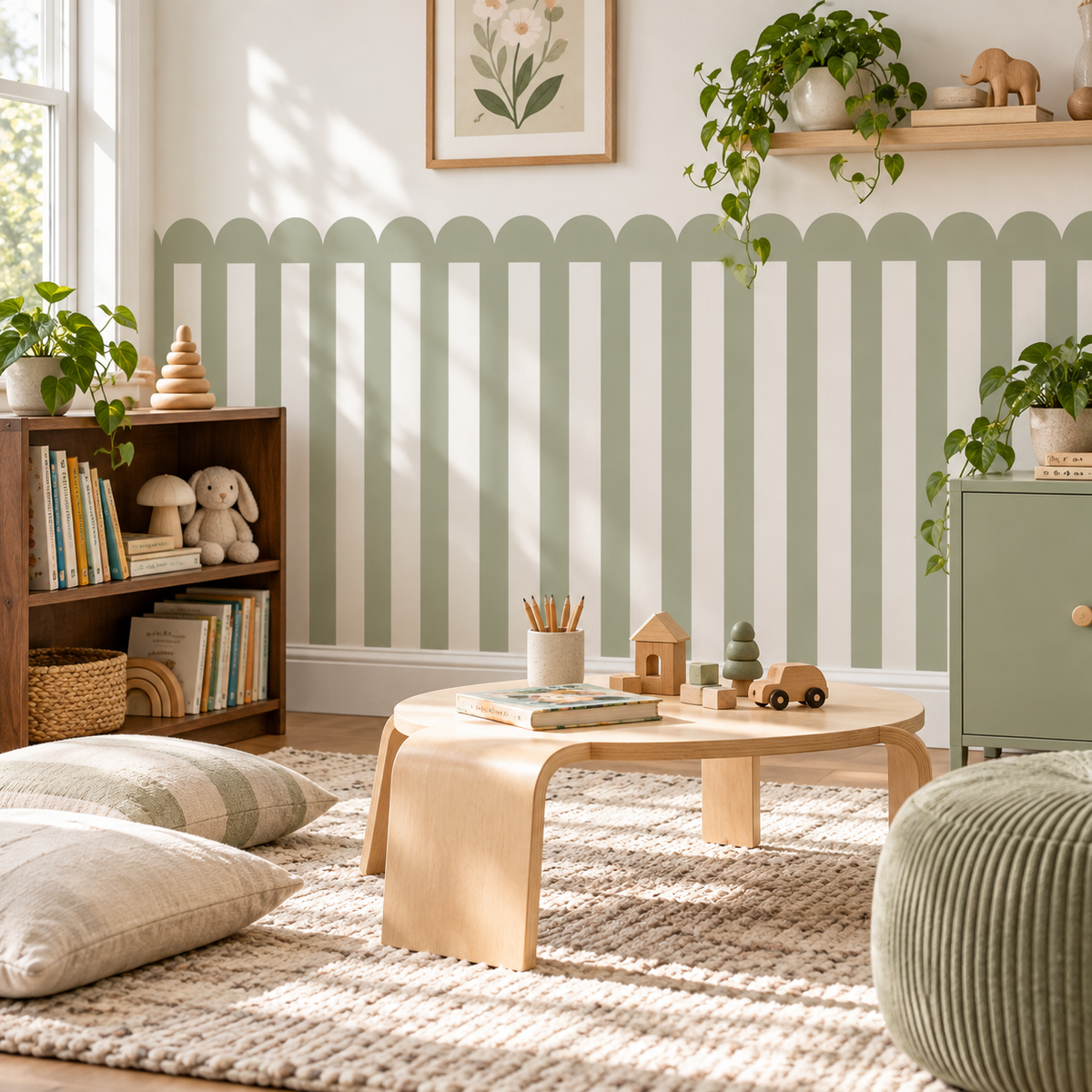 Stripe Peel and Stick Sage Green Scallop Half Wall Wallpaper