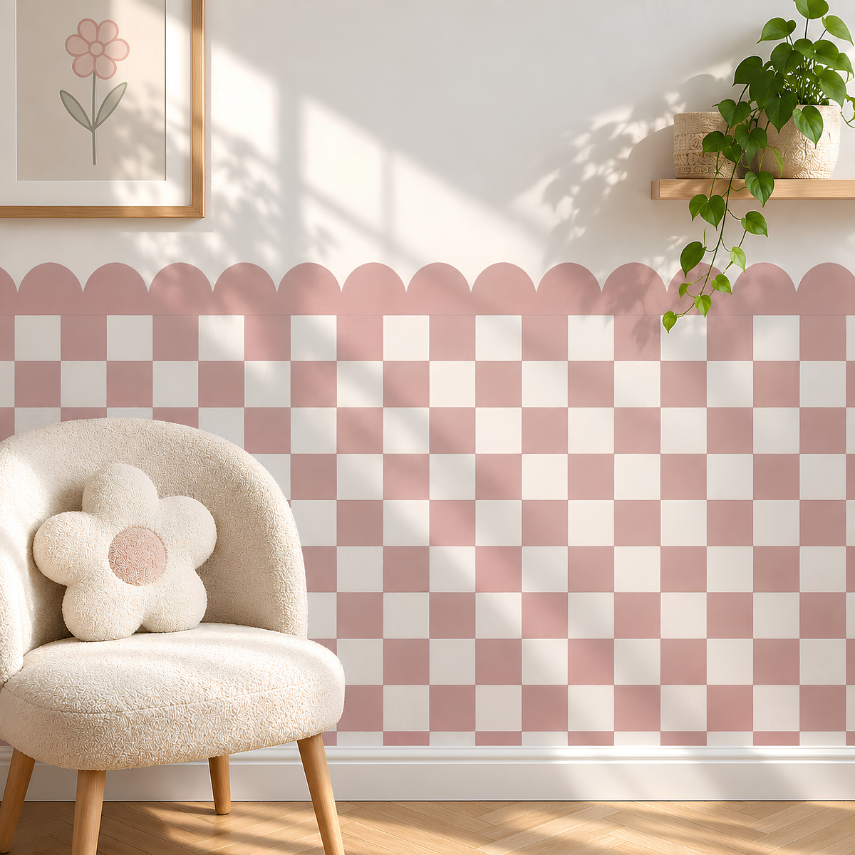 Scalloped Peel and Stick Checkerboard Muted Pink Half Wall Wallpaper