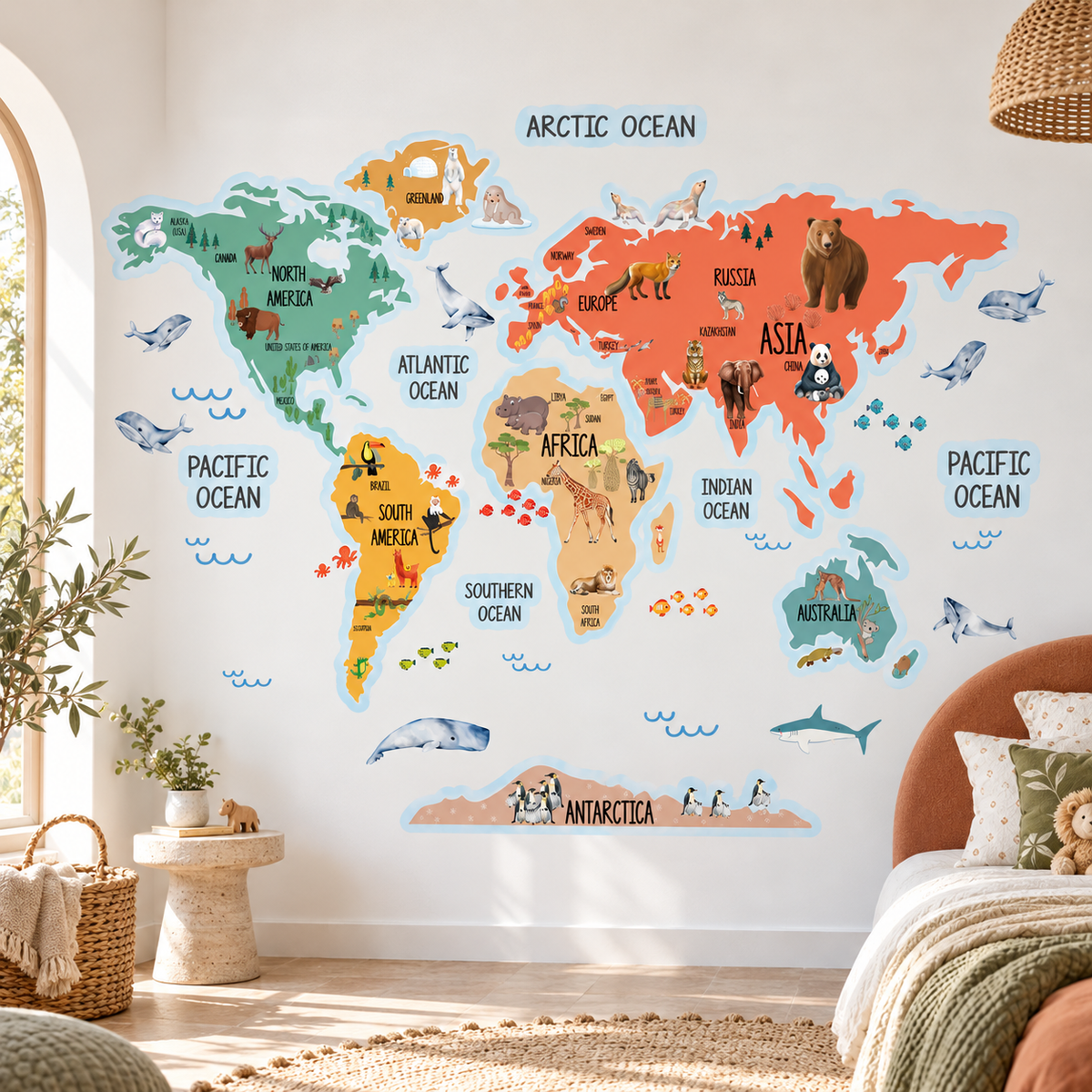 Kids Animal World Map Fabric Wall Decal