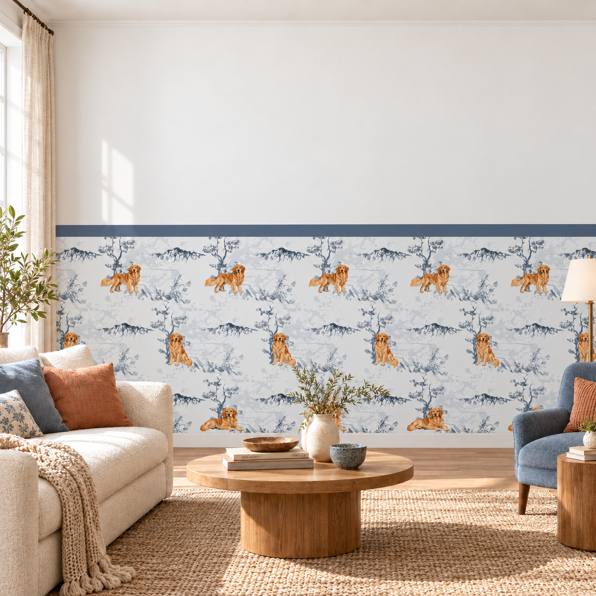 Custom Pet Toile Peel and Stick Navy Half Wall Wallpaper