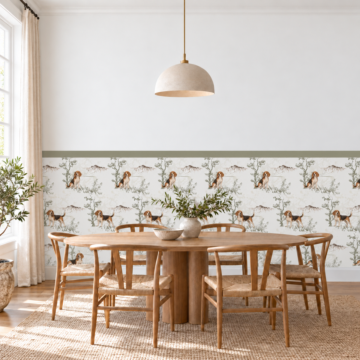 Custom Pet Toile Peel and Stick Sage Half Wall Wallpaper