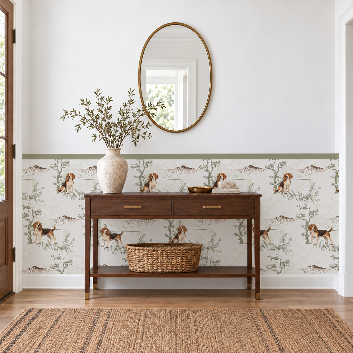 Custom Pet Toile Peel and Stick Sage Half Wall Wallpaper