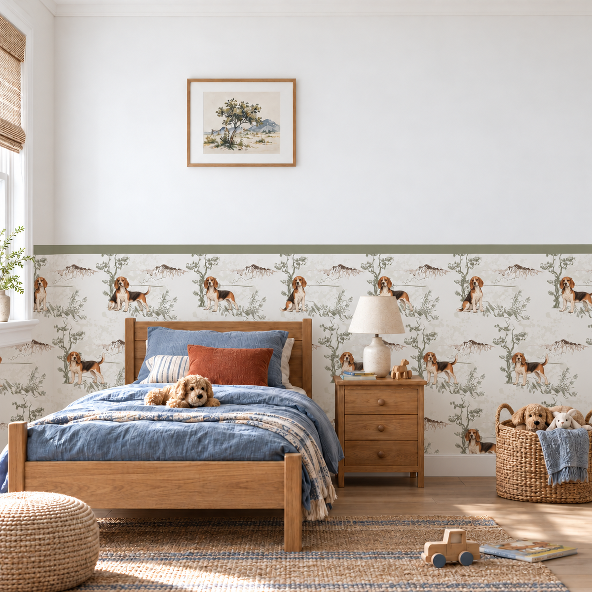 Custom Pet Toile Peel and Stick Sage Half Wall Wallpaper