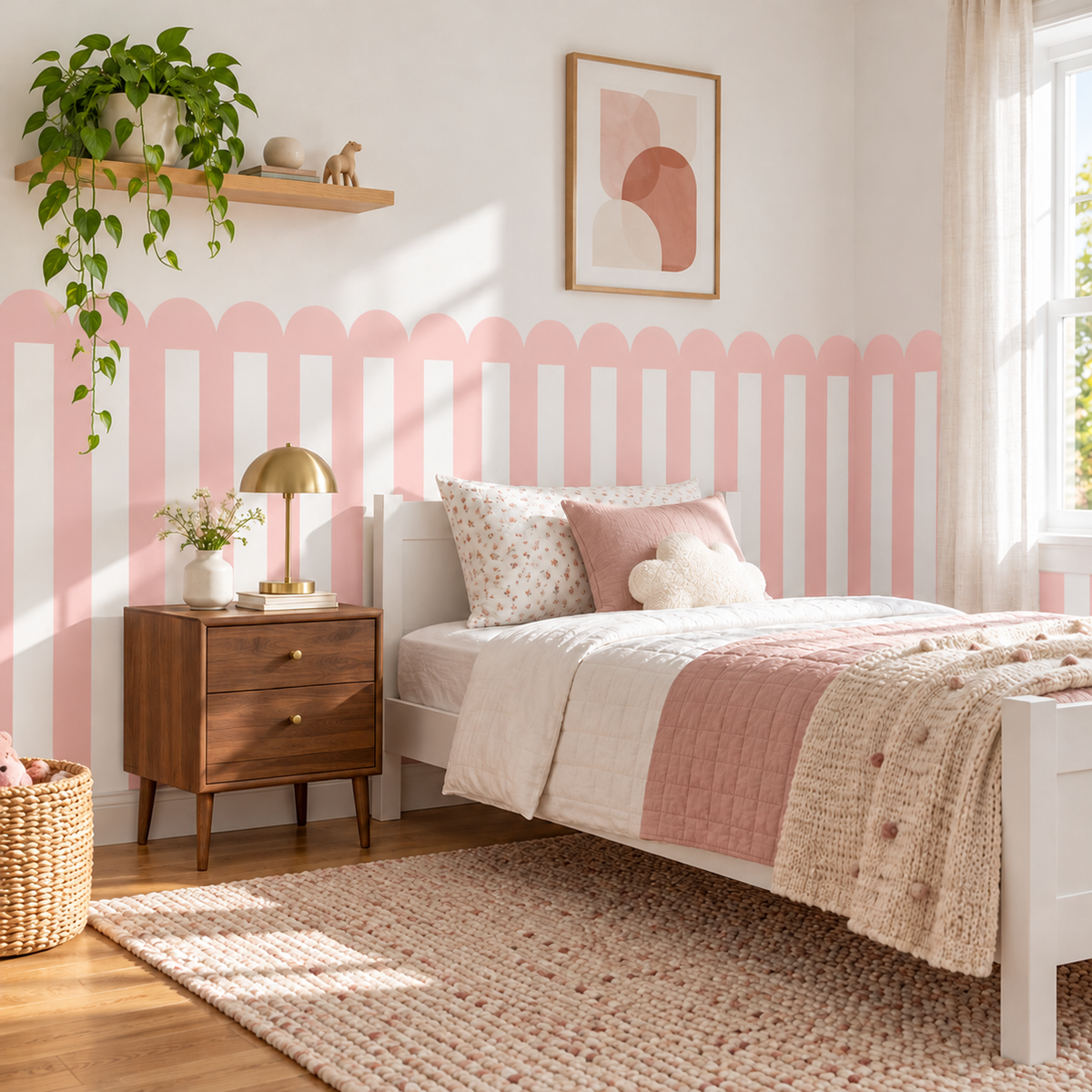 Stripe Peel and Stick Pink Scallop Half Wall Wallpaper