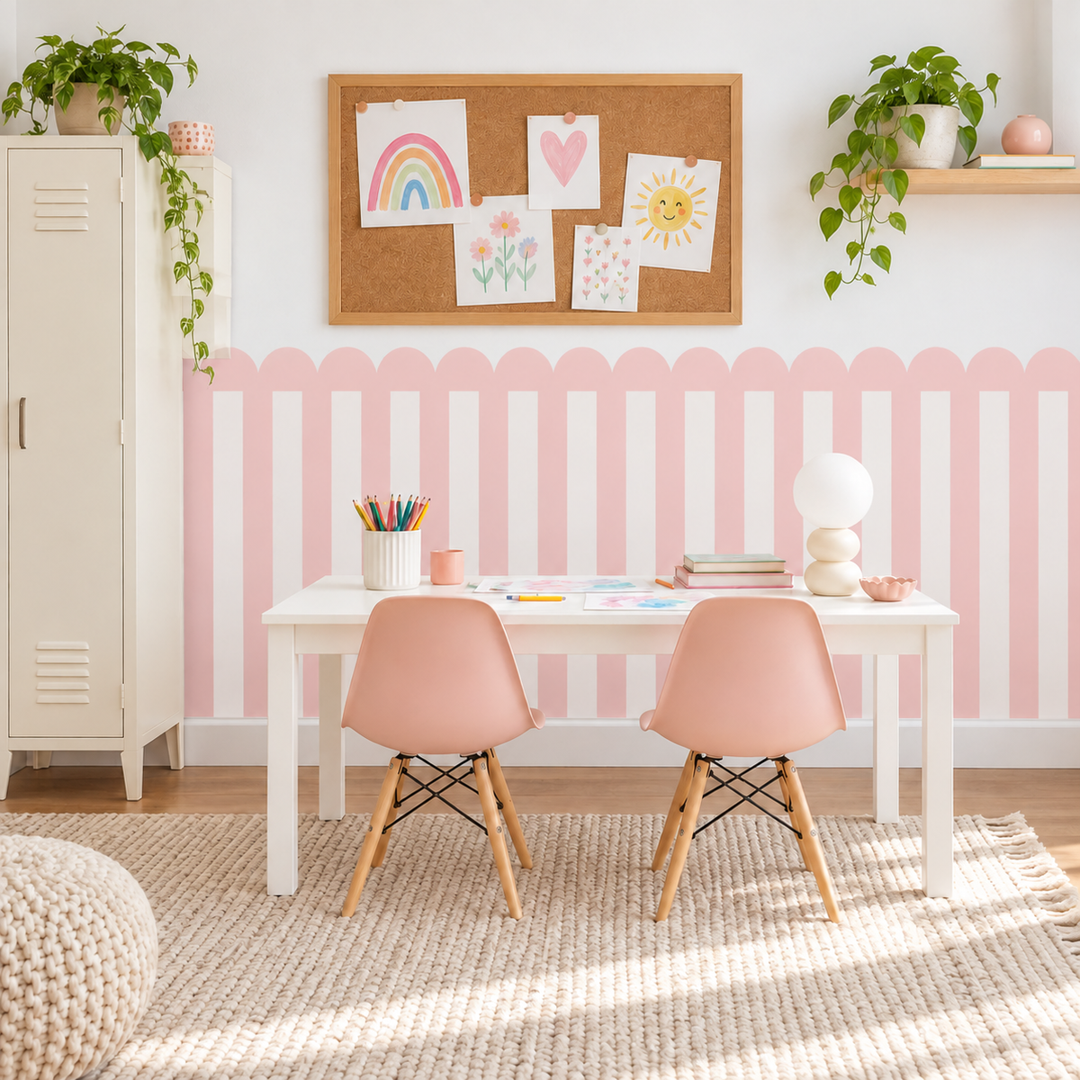 Stripe Peel and Stick Pink Scallop Half Wall Wallpaper