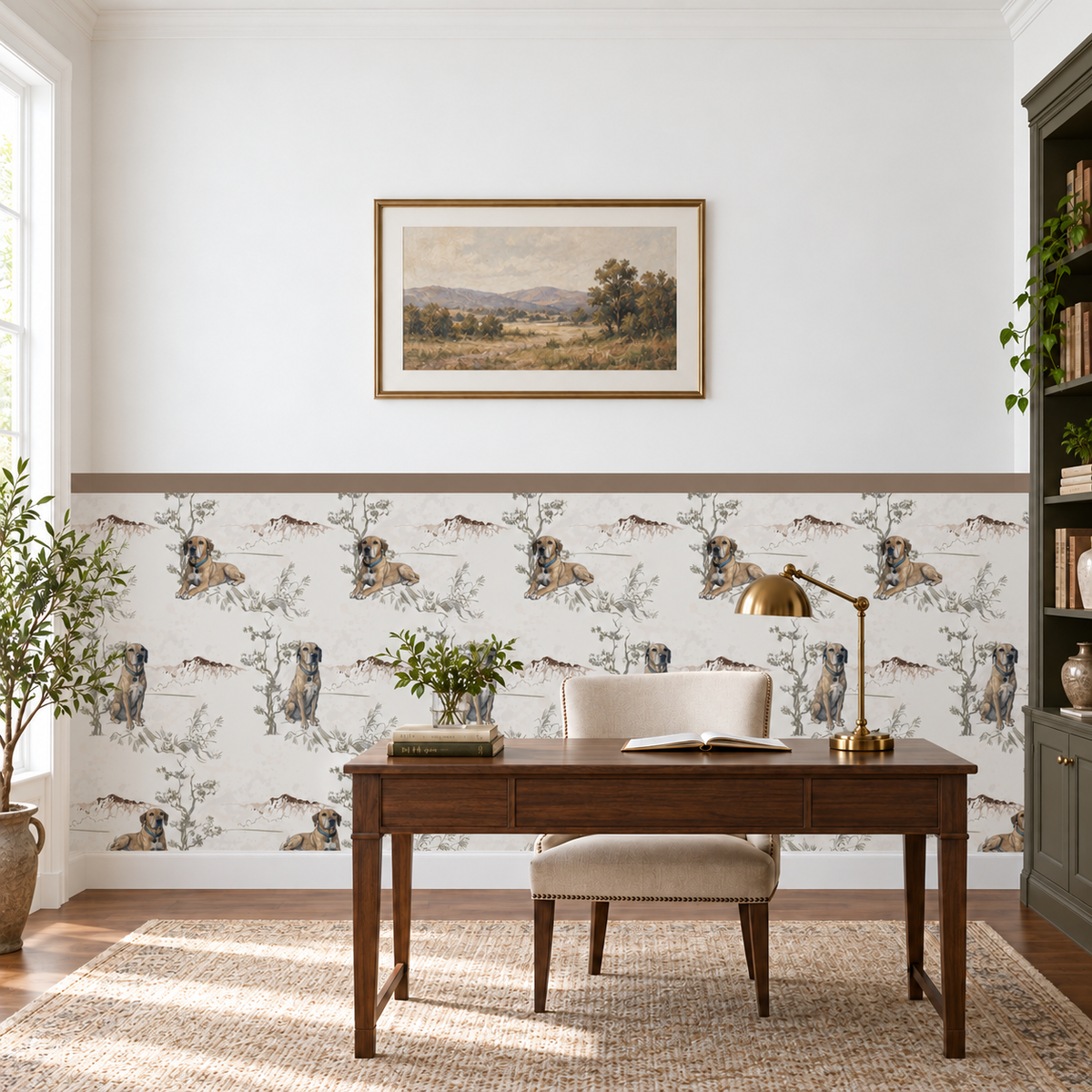 Custom Pet Toile Peel and Stick Taupe Half Wall Wallpaper