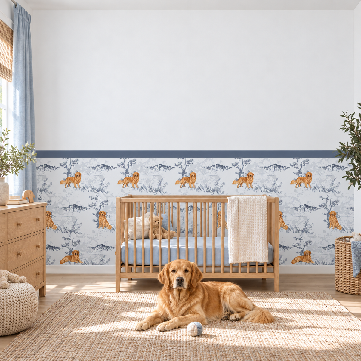 Custom Pet Toile Peel and Stick Navy Half Wall Wallpaper