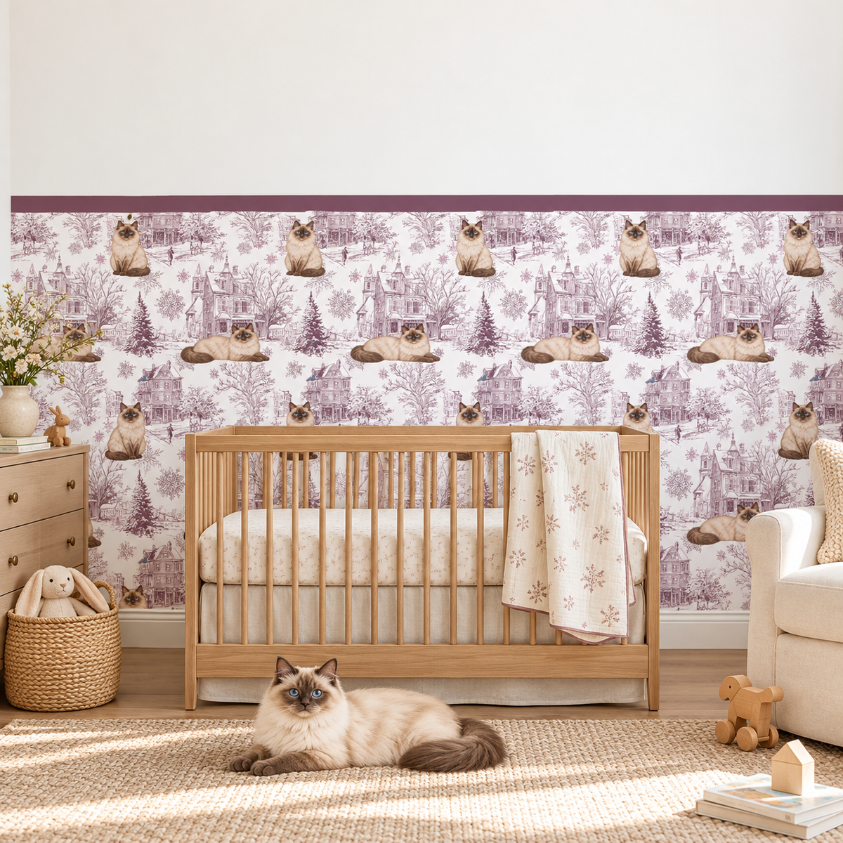 Custom Pet Toile Peel and Stick Burgundy Half Wall Wallpaper