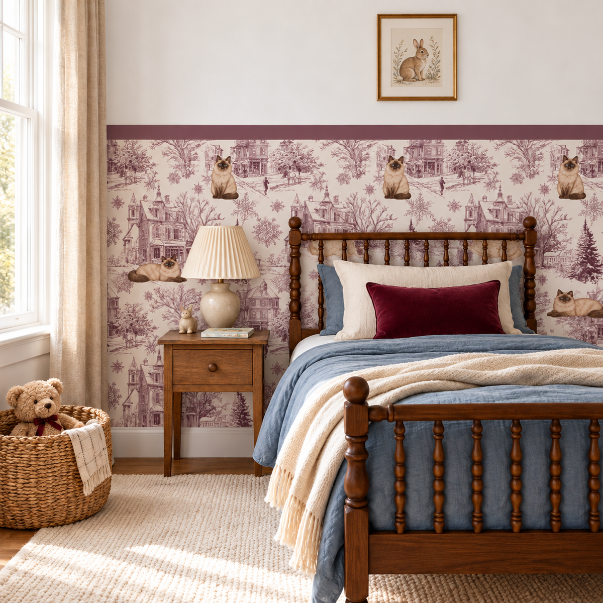 Custom Pet Toile Peel and Stick Burgundy Half Wall Wallpaper