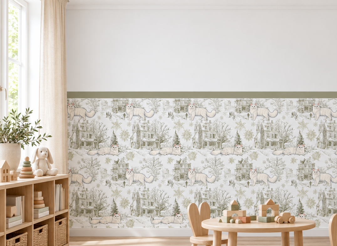 Custom Pet Toile Peel and Stick Olive Green Half Wall Wallpaper