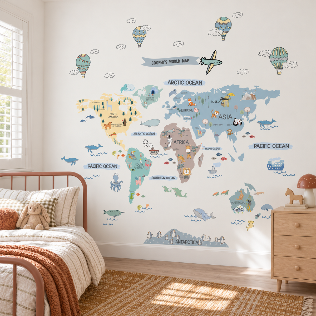 World Map Custom Sky Textile Decal for Nursery