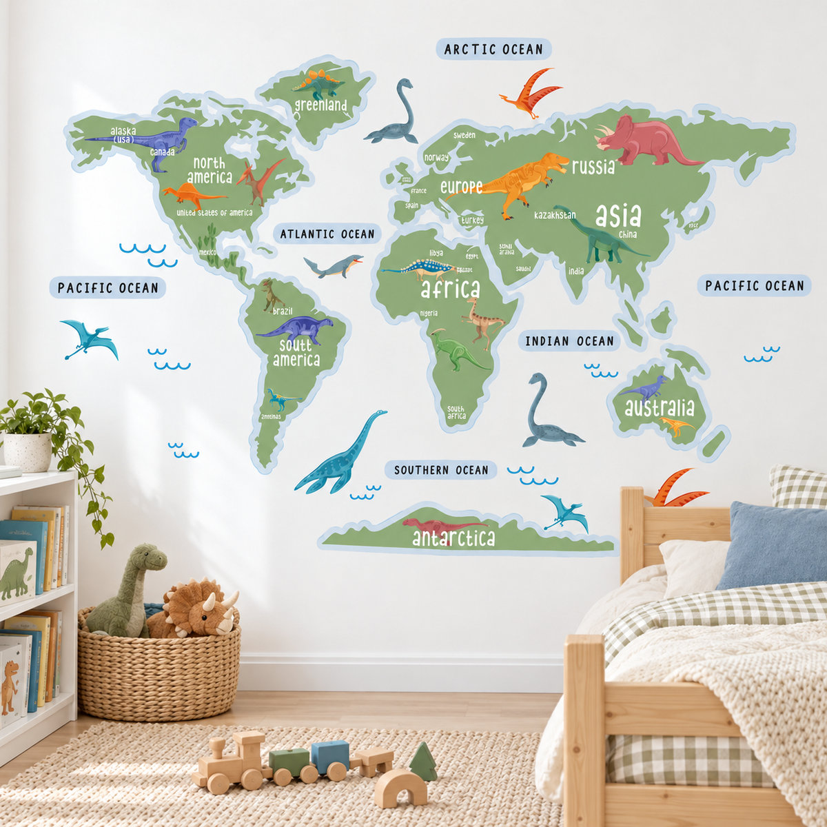 Dinosaur World Map Fabric Wall Decal - Green
