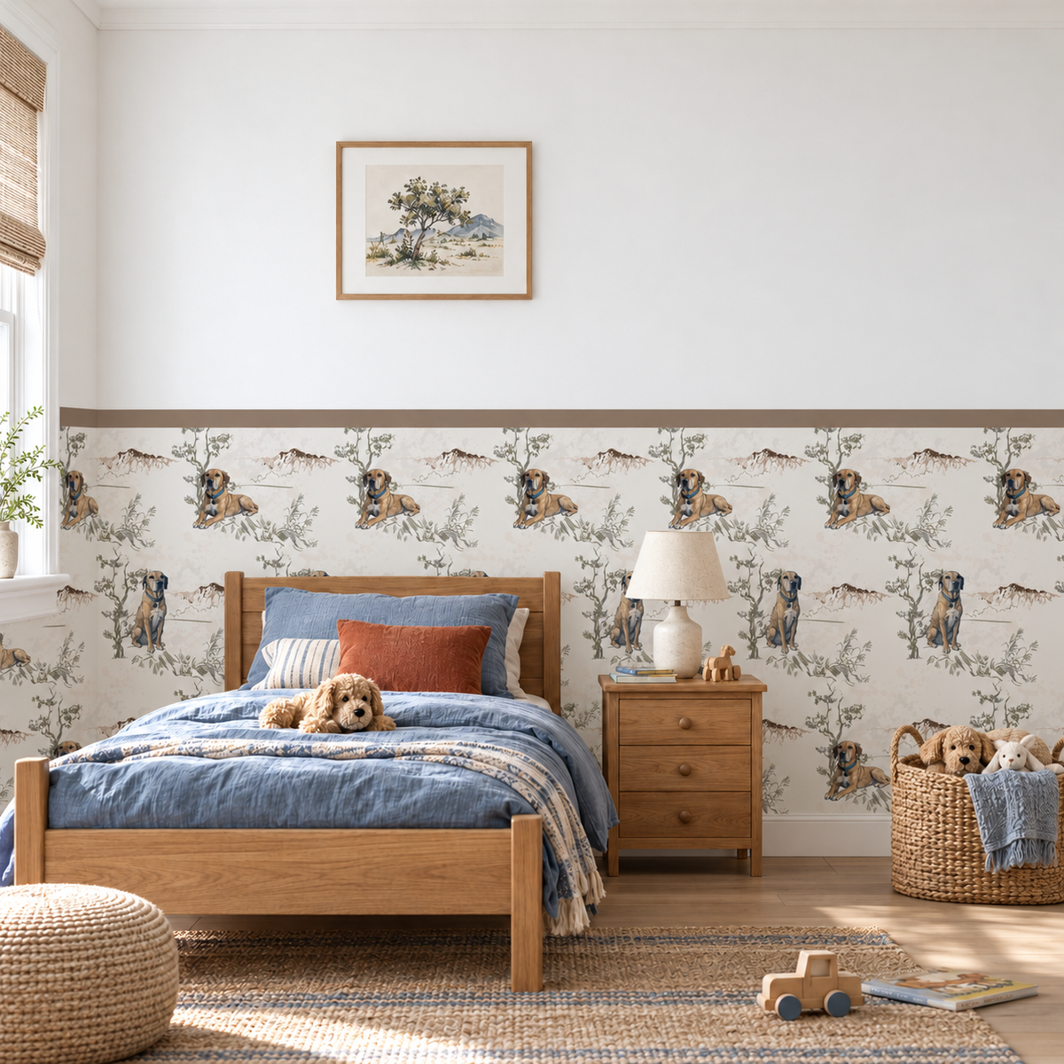 Custom Pet Toile Peel and Stick Taupe Half Wall Wallpaper