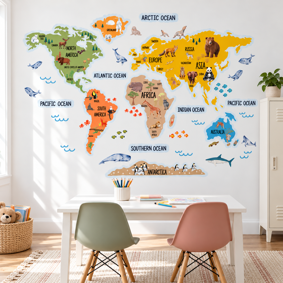 Kids Animal World Map Fabric Wall Decal - Mustard