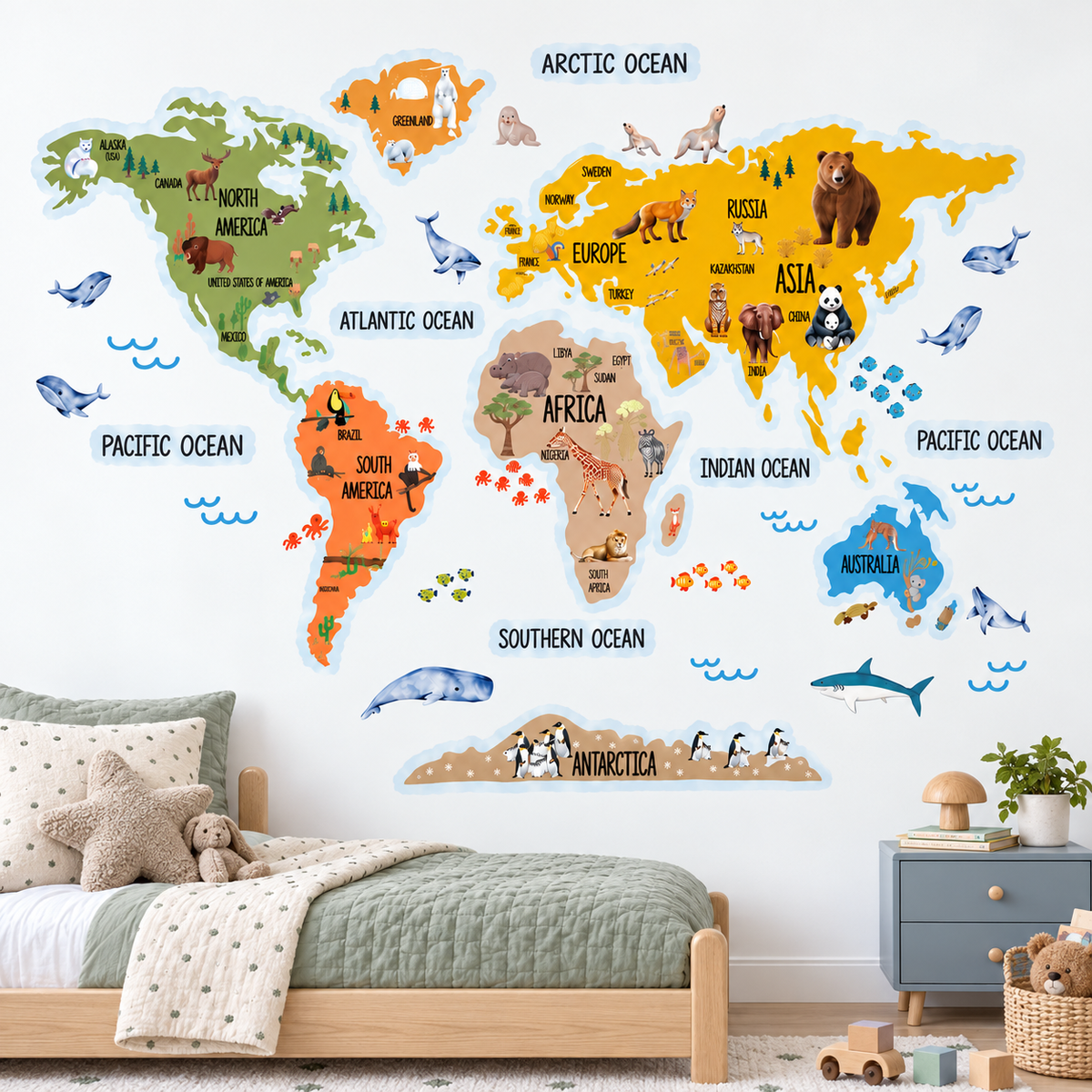 Kids Animal World Map Fabric Wall Decal - Mustard