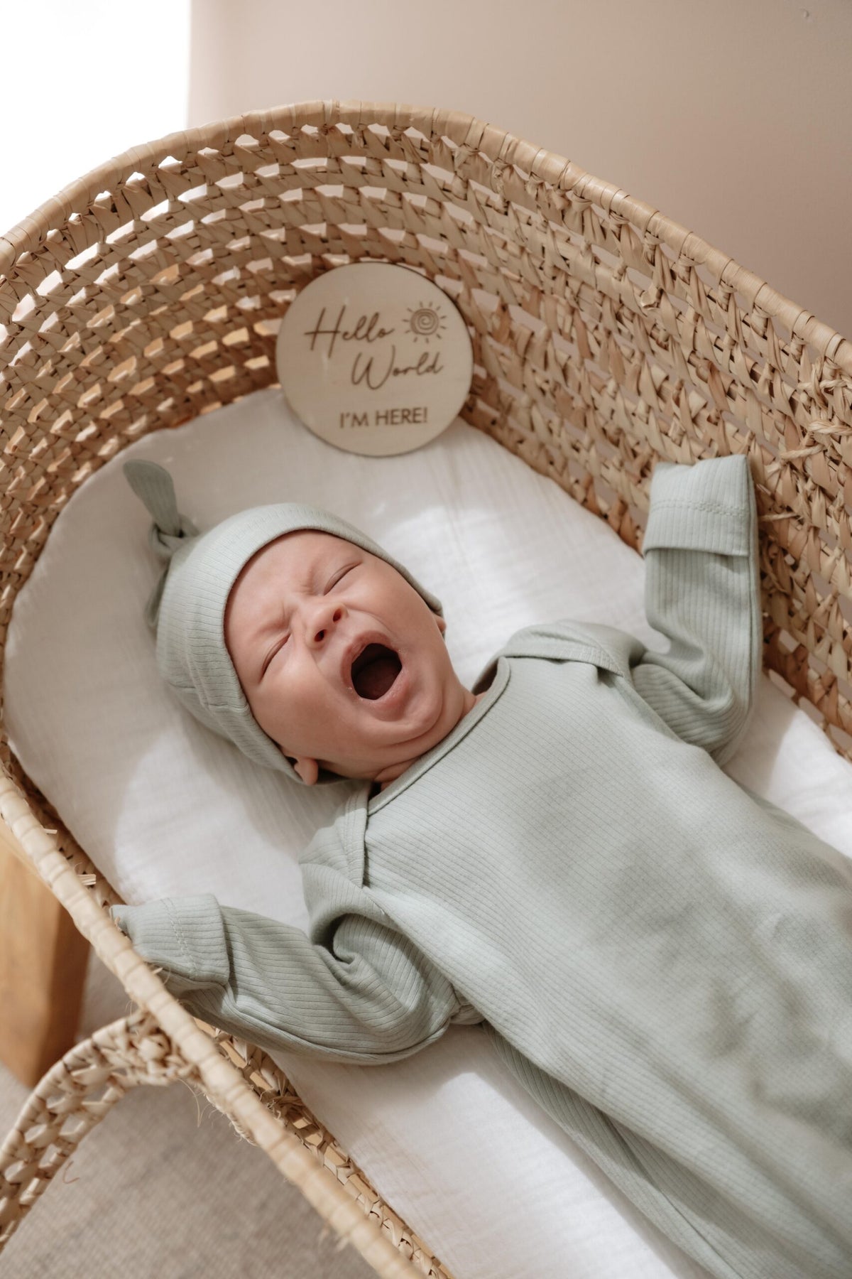 Cotton Newborn Sage Green Knotted Gown & Hat Set product image 2 by Dos Junior