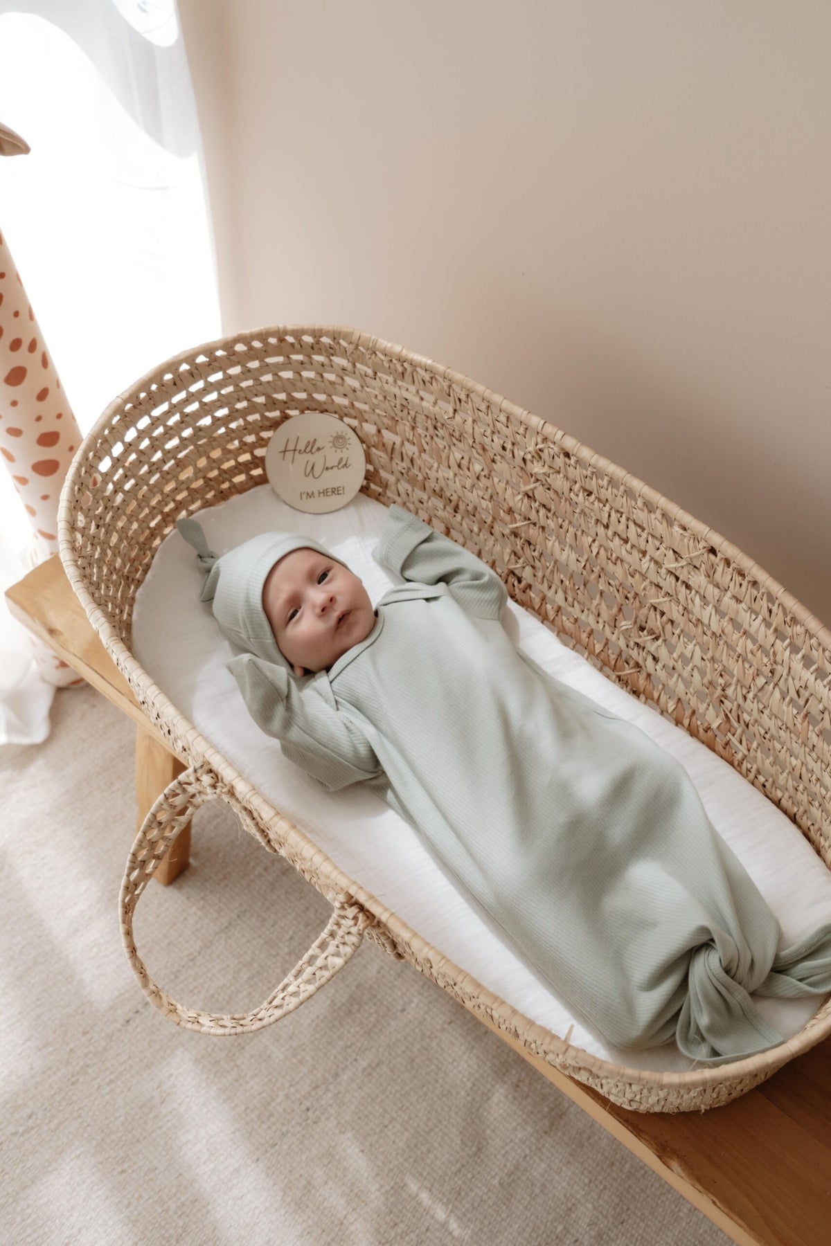 Cotton Newborn Sage Green Knotted Gown & Hat Set