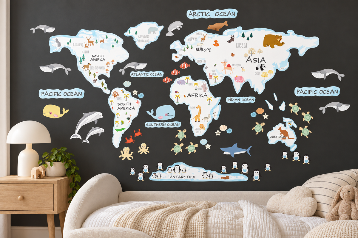Animals World Map Fabric Wall Decal - White
