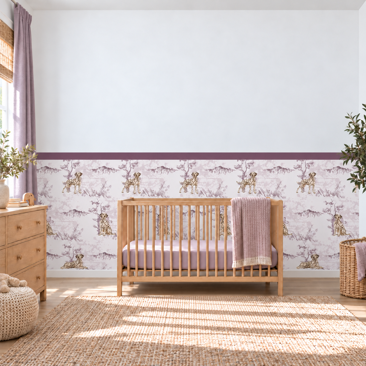 Custom Pet Toile Peel and Stick Mauve Half Wall Wallpaper