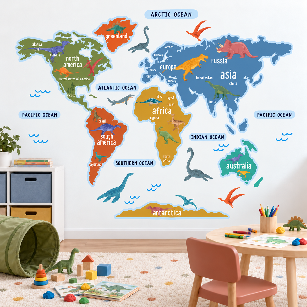 Dinosaur World Map Fabric Wall Decal - Multicolor