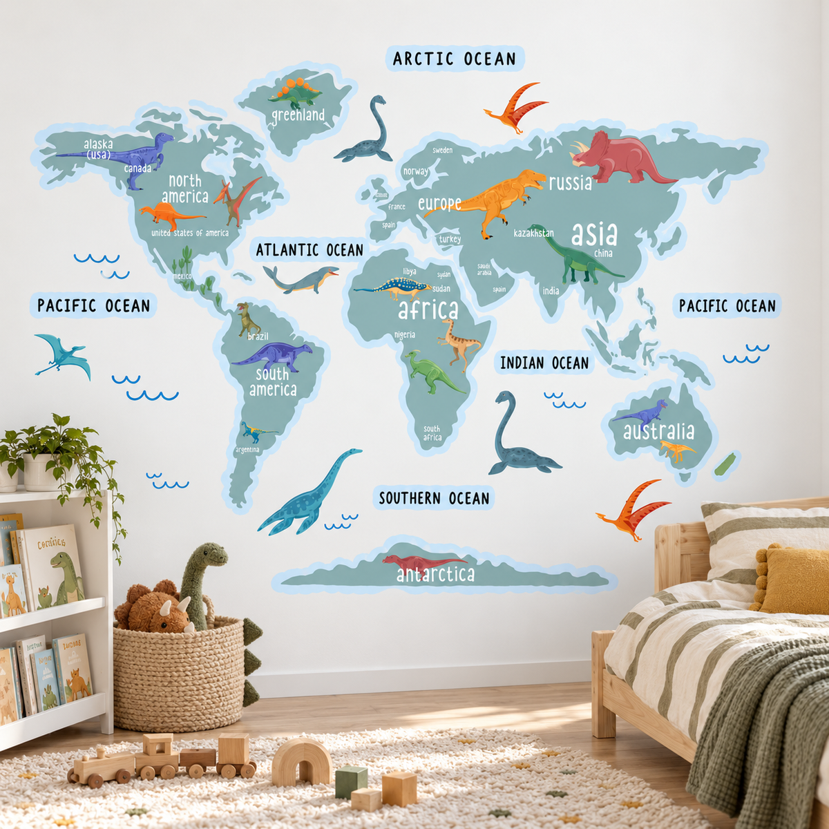 Dinosaur World Map Fabric Wall Decal - Blue