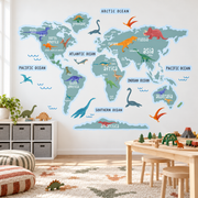 Dinosaur World Map Fabric Wall Decal - Blue