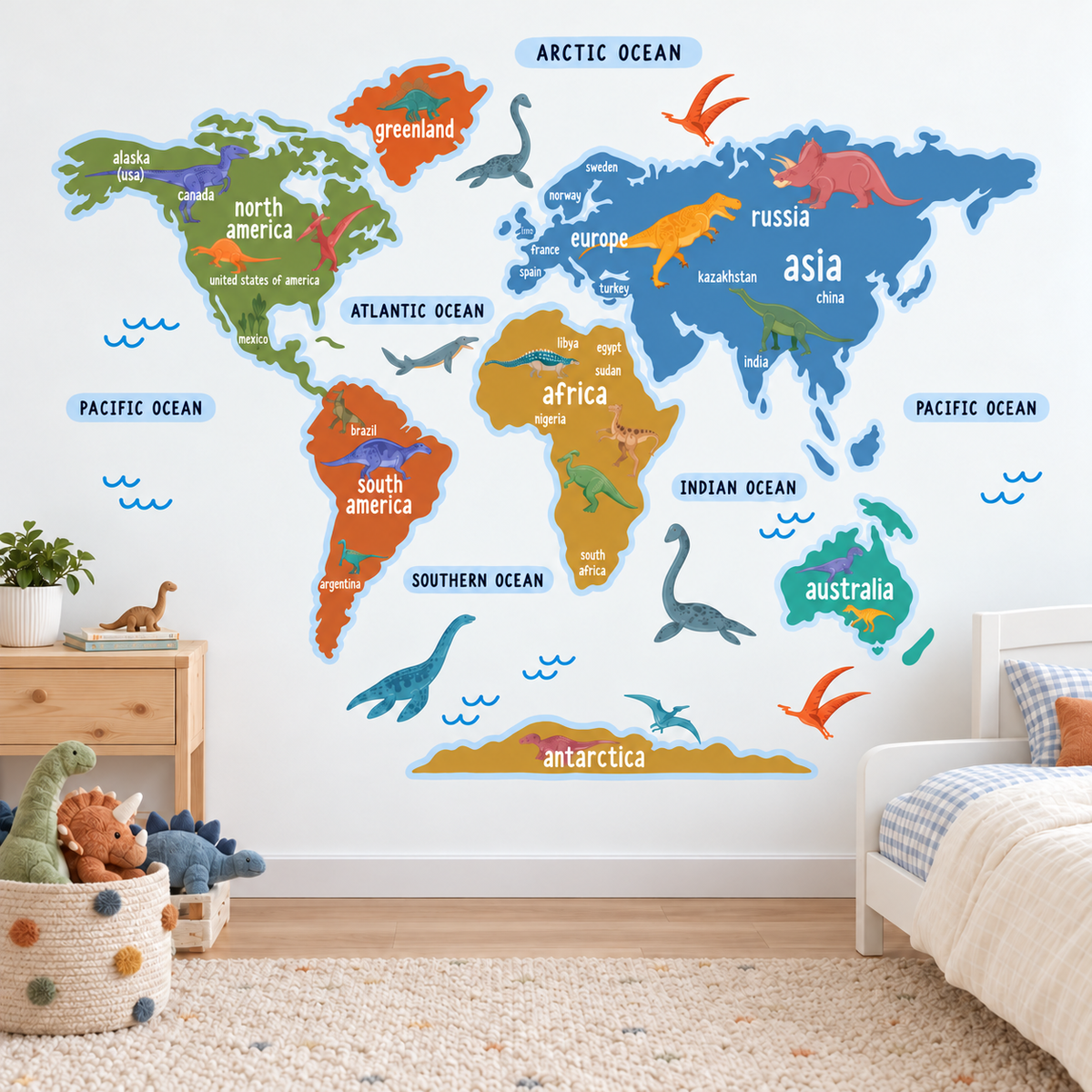 Dinosaur World Map Fabric Wall Decal - Multicolor