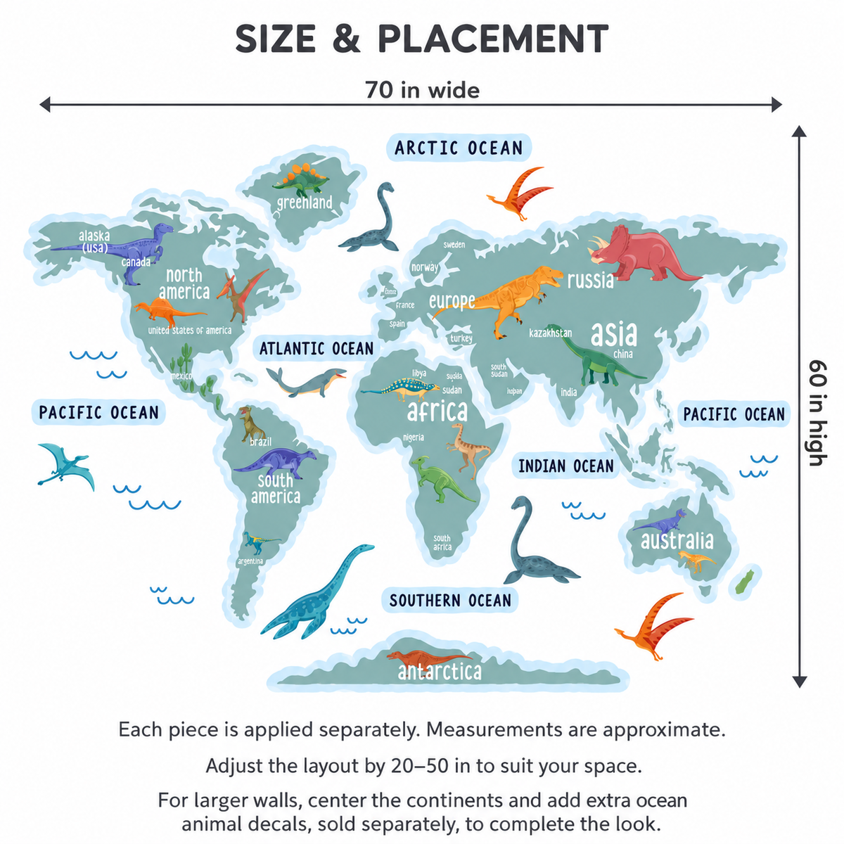 Dinosaur World Map Fabric Wall Decal - Blue