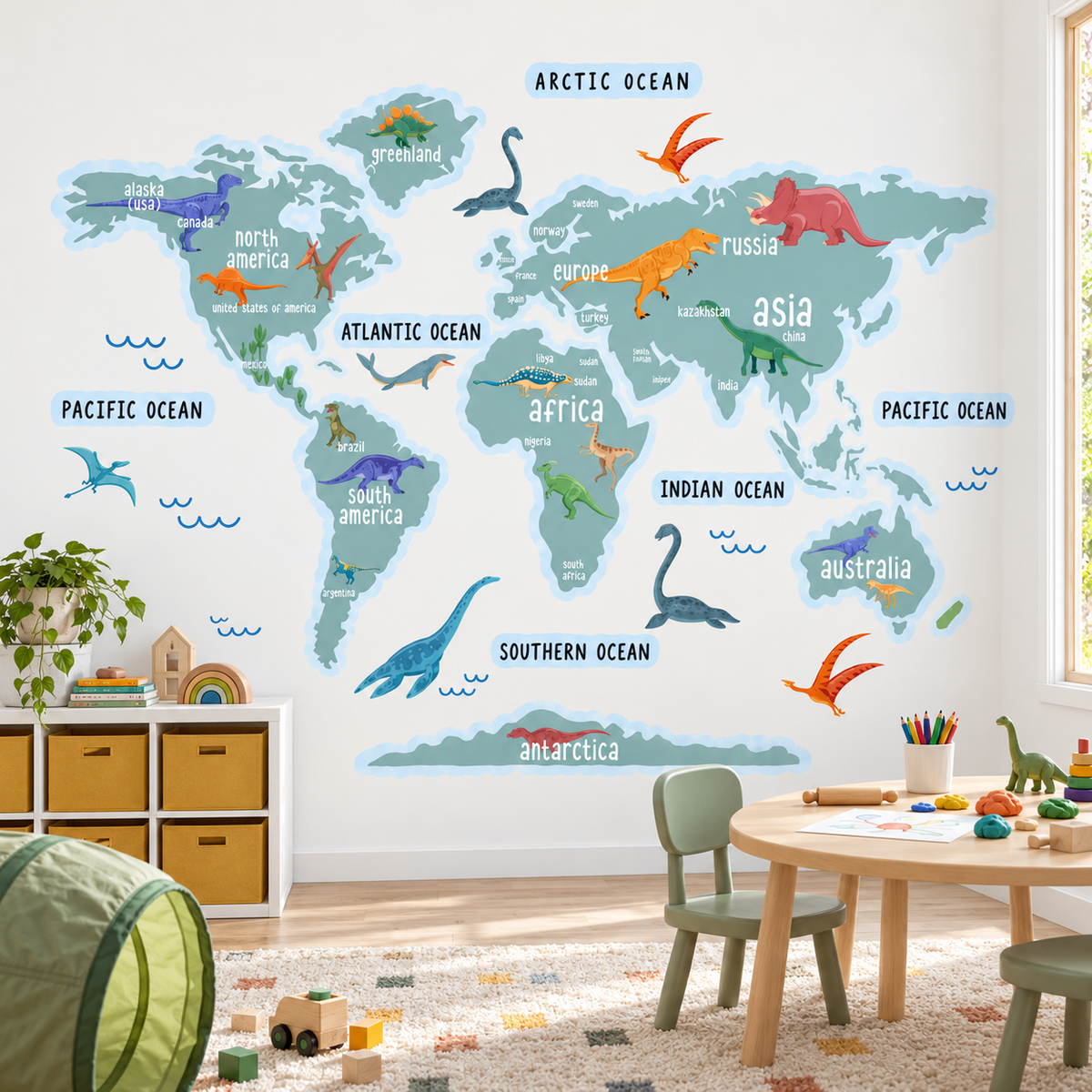 Dinosaur World Map Fabric Wall Decal - Blue