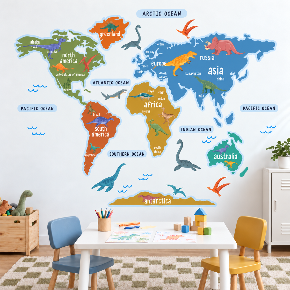 Dinosaur World Map Fabric Wall Decal - Multicolor