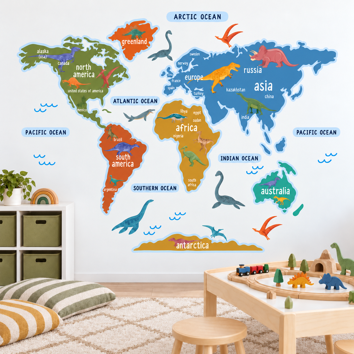 Dinosaur World Map Fabric Wall Decal - Multicolor