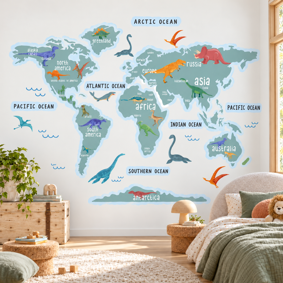 Dinosaur World Map Fabric Wall Decal - Blue