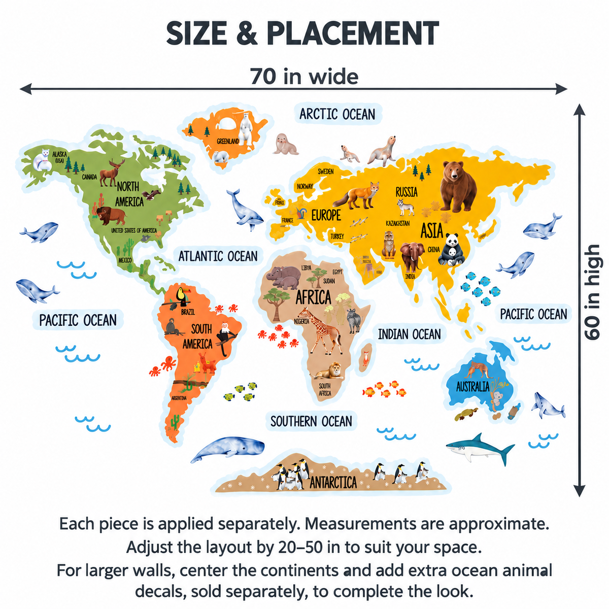 Kids Animal World Map Fabric Wall Decal - Mustard
