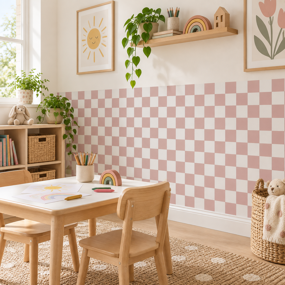 Checkerboard Peel and Stick Dusty Half Wall Wallpaper